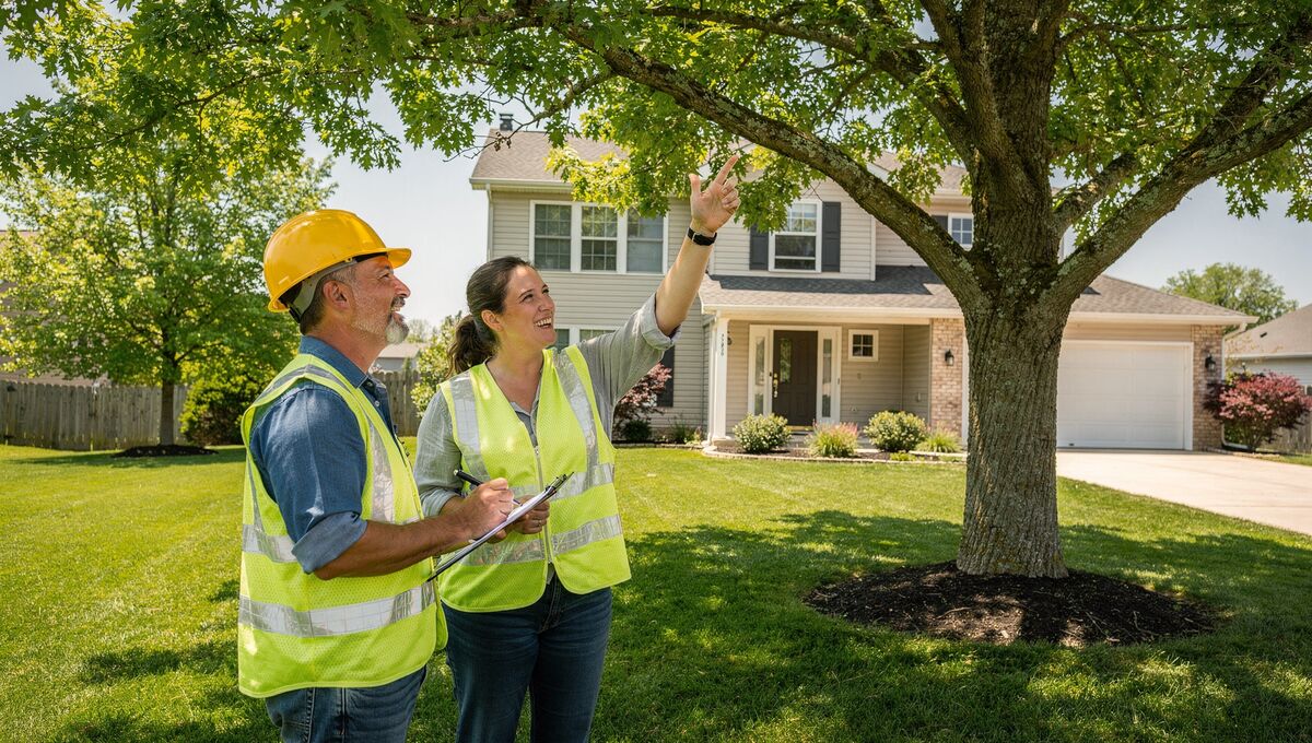 Tree service professional consulting with homeowner